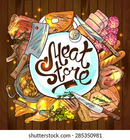 Set of beautiful hand drawn sketch illustration different kinds of meat and meat products on the wood texture top view