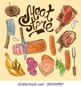 Set of beautiful hand drawn sketch illustration different kinds of meat and meat products on the wood texture top view
