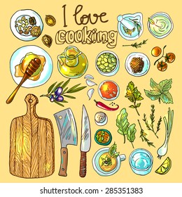 Set of beautiful hand drawn sketch illustration different kinds of meat and meat products on the wood texture top view