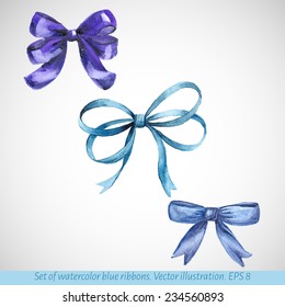 Set of beautiful hand drawn watercolor blue ribbons. Drawn by hand. Vector illustration.