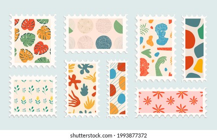 Set of beautiful hand-drawn post stamps. Variety of modern vector isolated post stamp designs. Floral post stamps. Mail and post office conceptual drawing. Hand with flower, leaves of monstera 