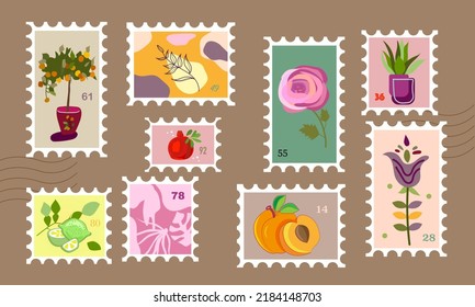 Set von schönen handgezeichneten Briefmarken. Vielfältigkeit der modernen Vektorgrafik isoliert Poststempeldesigns. Blumen, Früchte, abstrakte Briefmarken. konzeptionelle Zeichnung von Post und Post Vektorgrafik.