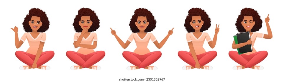 Set of a beautiful happy black girl sits cross-legged with books in her hand, points to something, thinks over something. African woman sits in a lotus position