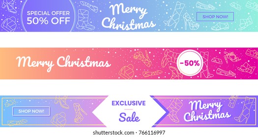 Set of beautiful happy christmas banners for shopping with snow and sparkle in modern colors. Gold and silver polygonal illustrations of shoes and bags. Large place for sale and special offer text.