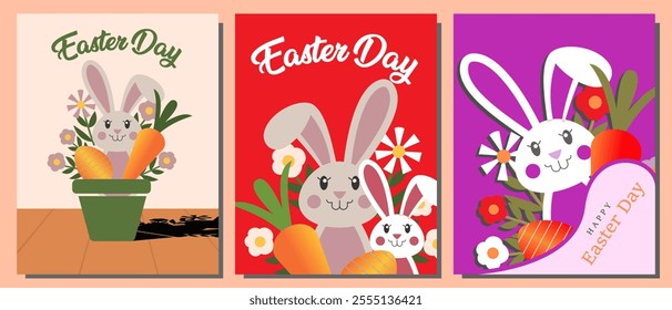 A set of Beautiful Happy Easter Day Vector Design Featuring a Bunny, Pastel Colors, Egg Patterns, and Seasonal Graphics