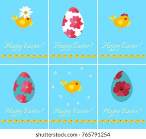 Set of beautiful Happy Easter greeting cards with eggs and chicks on sunny blue background. Spring vector design.
