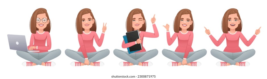 Set of a beautiful happy girl sits cross-legged with a laptop on her lap, with books in her hand, points to something. White slender woman sits in a lotus position on the floor. Vector illustration