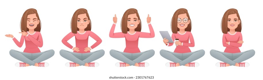 Set of a beautiful happy girl sits cross-legged and points to something, displeased, shows a gesture of approval, with a tablet and a glass of coffee in her hands. White slender woman sits in a lotus