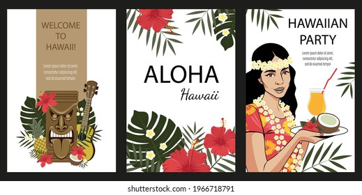 Set of beautiful Hawaiian postcards. Postcards featuring a tiki statue, flowers, palm leaves, a girl with a cocktail.