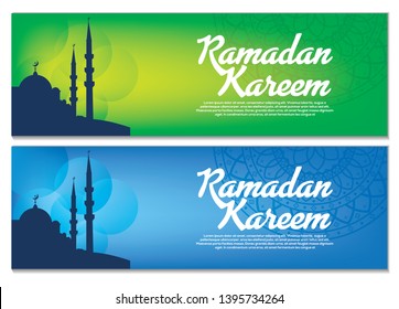 Set of beautiful header or banner for ramadan kareem and eid with colorful shiny background and mosque. vector illustration