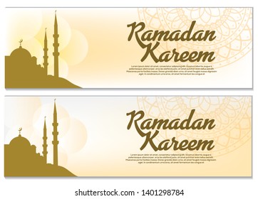 Set of beautiful header or banner for ramadan kareem and eid with background and mosque. vector illustration