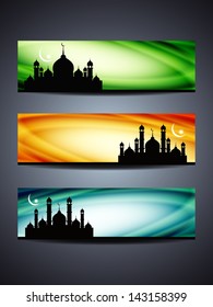 Set of beautiful header or banner for ramadan and eid with colorful background and mosque. vector illustration