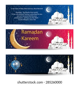 Set of beautiful header or banner for ramadan kareem and eid with colorful shiny background and mosque. vector illustration