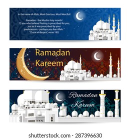 Set of beautiful header or banner for ramadan kareem and eid with colorful shiny background and mosque. vector illustration