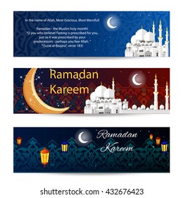 Set of beautiful header or banner for ramadan kareem and eid with colorful shiny background and mosque. vector illustration