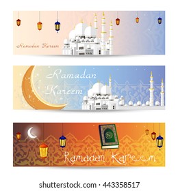 Set of beautiful header or banner for ramadan kareem and eid with colorful shiny background and mosque. vector illustration