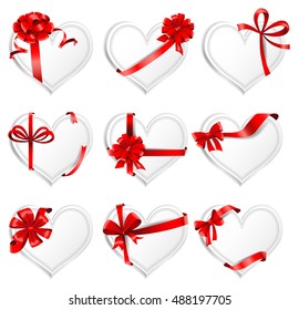 Set of beautiful heart-shaped cards with red gift bows with ribbons. Vector illustration. 