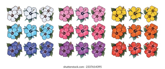 Set of beautiful hibiscus flowers with many different colors options isolated on a white background, vector set of hibiscus flowers multicolour