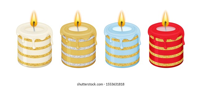 Set of beautiful holiday candles, blue, white, red and gold color on white background. Christmas symbol. Cartoon vector illustration. Isolated on white.  