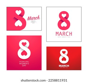 Juego de hermosas tarjetas de felicitación para el 8 de marzo - Día Internacional de la Mujer. Gran blanco número 8 con dos corazones. Ilustración vectorial.