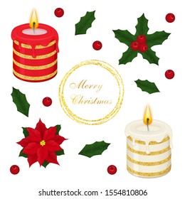 Set of beautiful holiday objects. Candle, poinsettia, mistletoe, gold frame, leaves, berries on white background. Christmas symbol. Cartoon vector illustration. Isolated on white. Object for decor