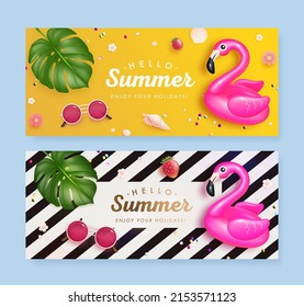 Conjunto de hermosos diseños de banners horizontales con elementos de verano realistas. Ilustración del vector
