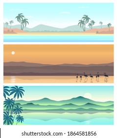 A set of beautiful horizontal seascape with mountains, palm trees and flamingos.Vector illustrations.	