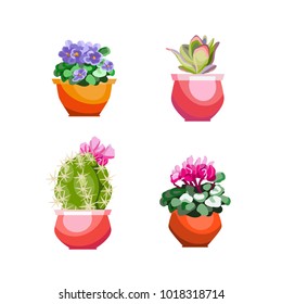 A set of beautiful houseplants. Flowering plants. Isolated objects. Vector illustration

