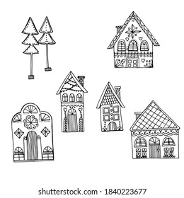 Set with beautiful houses. Christmas gingerbread houses. New Year's street. Coloring book for children and adults. anti-stress with small details. architecture. For banner, coloring, paper