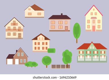 set of beautiful houses with trees and fences - vector