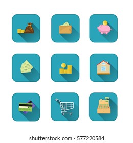 Set of beautiful icons in flat design on the theme of money, shopping and business.