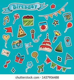 Set of beautiful icons in the form of bright birthday stickers