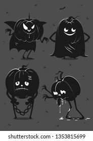 set of beautiful icons of funny pumpkins, black with white stroke on a dark background, flat style vector ilustratsy