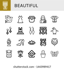 Set of beautiful icons such as Chewing gum, Dove, Dress, Mask, Makeup artist, Earrings, Penguin, Facial mask, High heels, Lotus flower, Beetle, Shawl, Panda bear, Flower bouquet , beautiful