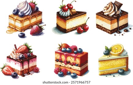 Set of beautiful illustrated watercolor cakes such as cheesecake, fruitcakes, strawberrycake and more. Each isolated on white background
