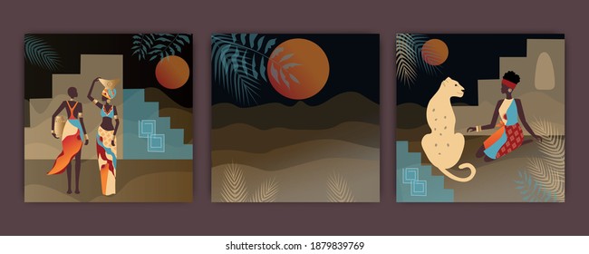 Set of beautiful illustration with African women , night in the desert , Vector, luxurious African woman in traditional dress 