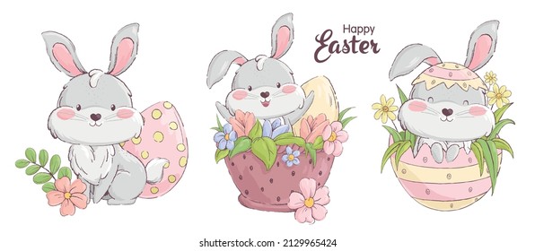 Un conjunto de hermosas ilustraciones con un conejo de Pascua. Conejo feliz con huevos de Pascua y flores. Ilustración vectorial.