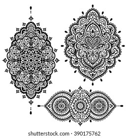 Set of Beautiful Indian ethnic ornaments. Folk Henna tattoo style.  