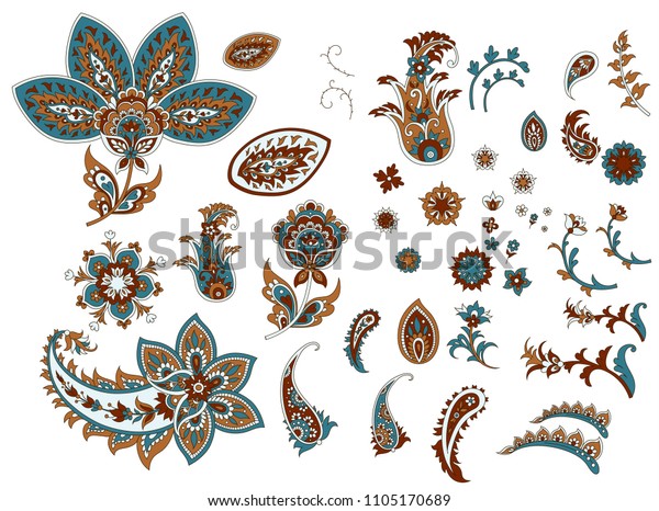 Set Beautiful Indian Paisley Stock Vector (Royalty Free) 1105170689 ...