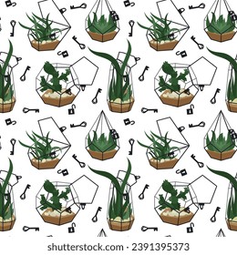 Set of beautiful indoor and outdoor terrariums with flowers, locks with keys on a white. Vector illustration of a glass florarium of various geometric shapes with succulents, cacti, aloe vera, stones