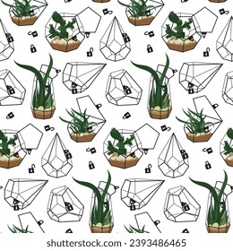 Set of beautiful indoor and outdoor terrariums with and without flowers. Vector illustration of a glass florarium of various geometric shapes with plants and empty, open locks with keys on a white.