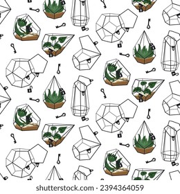 A set of beautiful indoor and outdoor terrariums with and without flowers. Vector illustration of a glass florarium of various geometric shapes with plants and empty, closed locks with keys on a white