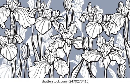 Set of Beautiful Iris Flower Line Art Illustration. Sketch of blossoming irises. Vector Iris floral botanical flower. Wild spring leaf wildflower isolated. Isolated irises illustration element.