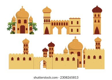 Set of beautiful Islamic architecture in cartoon style. Vector illustration of various Islamic buildings: mosques, castles, towers with green palm trees isolated on white background.