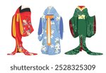 Set of beautiful Japanese kimonos in cartoon style. Vector illustration of a woman