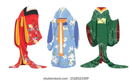 Conjunto de hermosos kimonos japoneses en estilo de dibujos animados. Ilustración vectorial del kimono rojo, azul y verde de una mujer, decorado con rosas, lirios, hojas, ramitas, contornos aislados sobre un fondo blanco.