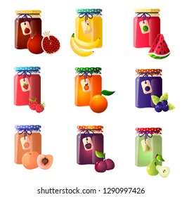 Set of beautiful jars with a different type of jam. Strawberry jam, kiwi, orange, raspberry and others.