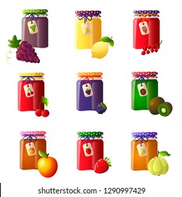 Set of beautiful jars with a different type of jam. Strawberry jam, kiwi, orange, raspberry and others.