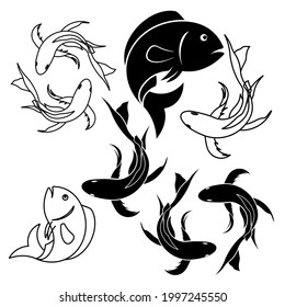 Set Beautiful Jumping Koi Fish Outline Vector