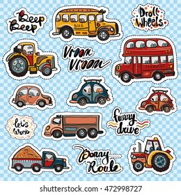 Set of beautiful kids transport patches: farm tractor, London bus, truck, tractor, school bus, little cars, cargo truck and emblems. Vector stickers, badges, pins design kit.